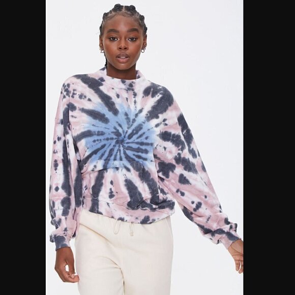 Pink Gray Blue Fleece Tie Dye Mock Neck Sweatshirt M - Picture 1 of 3